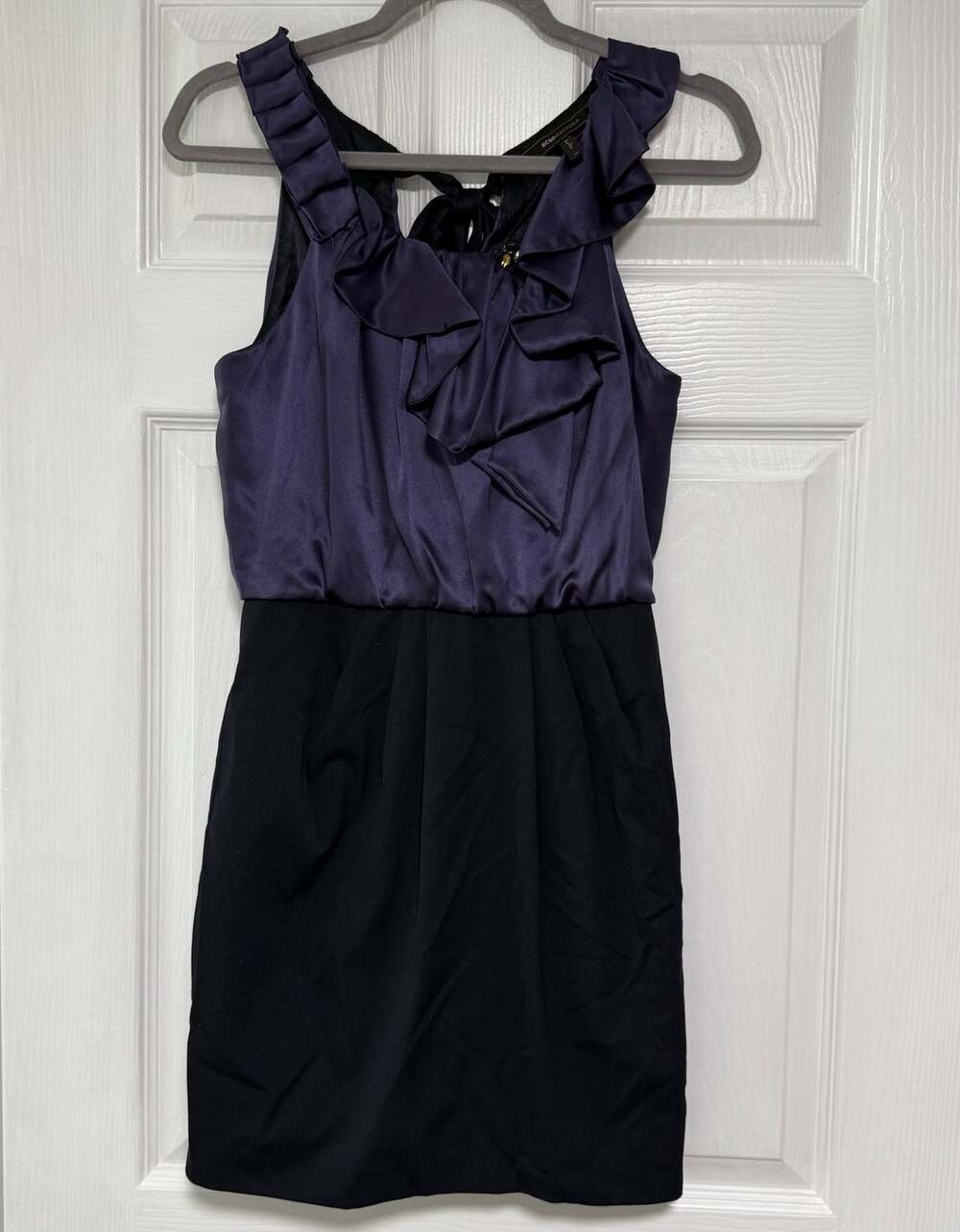 BCBGMAXAZRIA Women's Silk Ruffle Beaded Tie Back Contrast Dress Size XS